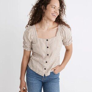 NWT. Madewell Gingham Linen-blend Puff sleeve top. Large.